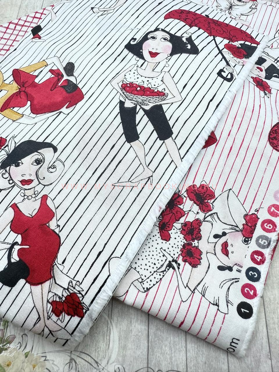 Ткань для скрапбукинга и пэчворка ЛЕДИ В КРАСНОМ (серые полоски), 100%хлопок  54*50 см Ткань для скрапбукинга и пэчворка ЛЕДИ В КРАСНОМ (серые полоски), 100%хлопок  54*50 см