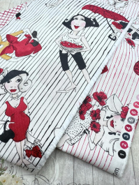 Ткань для скрапбукинга и пэчворка ЛЕДИ В КРАСНОМ (серые полоски), 100%хлопок  54*50 см